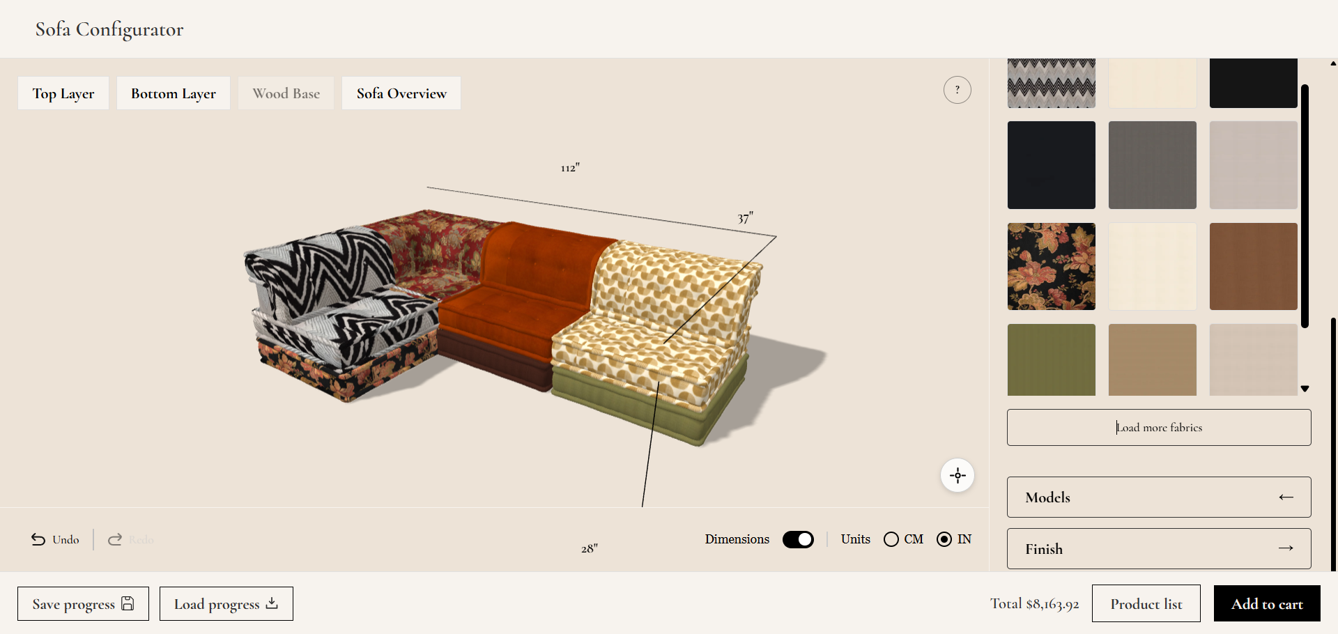 The Adorn Croft sofa configurator with fabric swatches applied to individual modules of the sofa in 3D