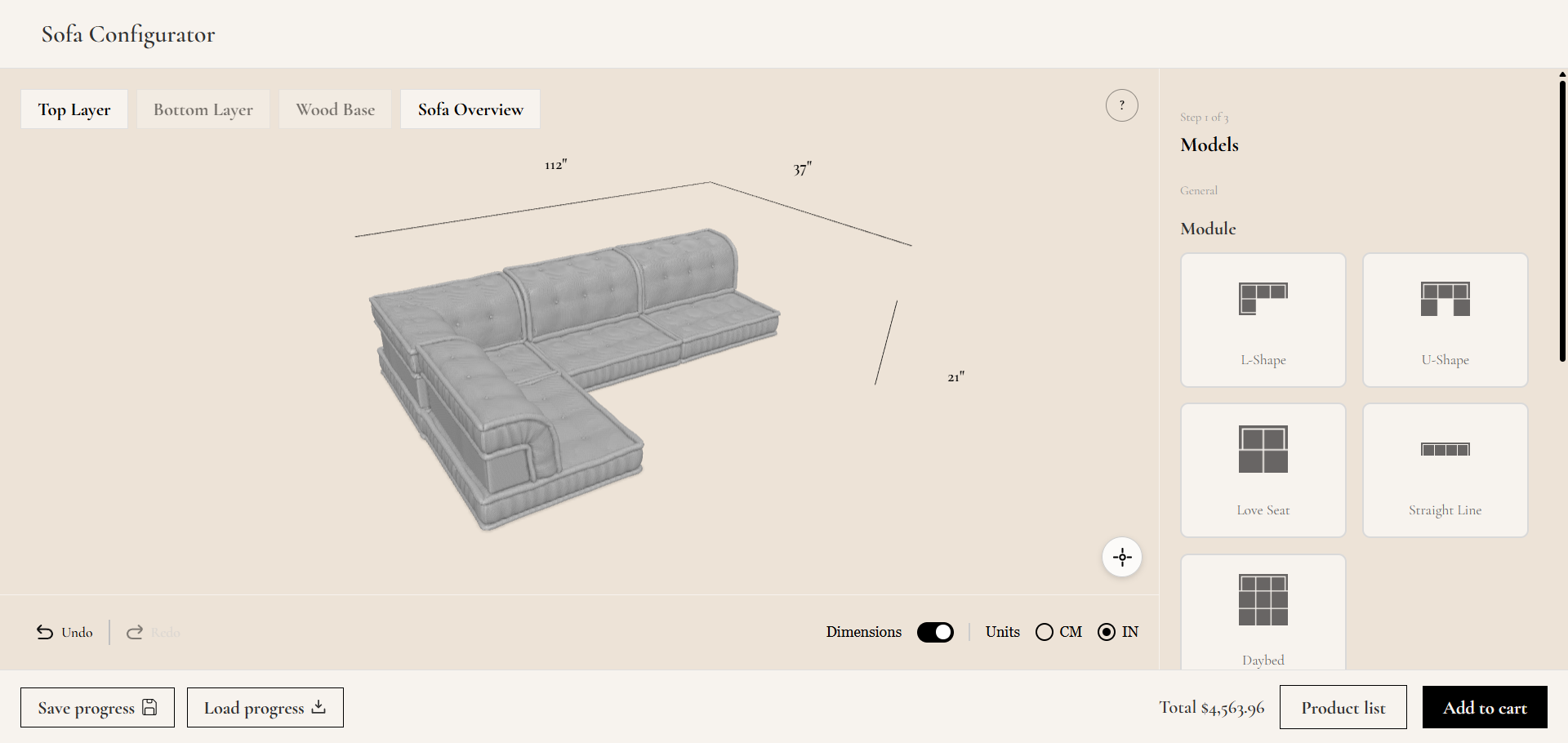 The Adorn Croft sofa configurator on the module selection step, showing a modular sofa in 3D with live dimensions