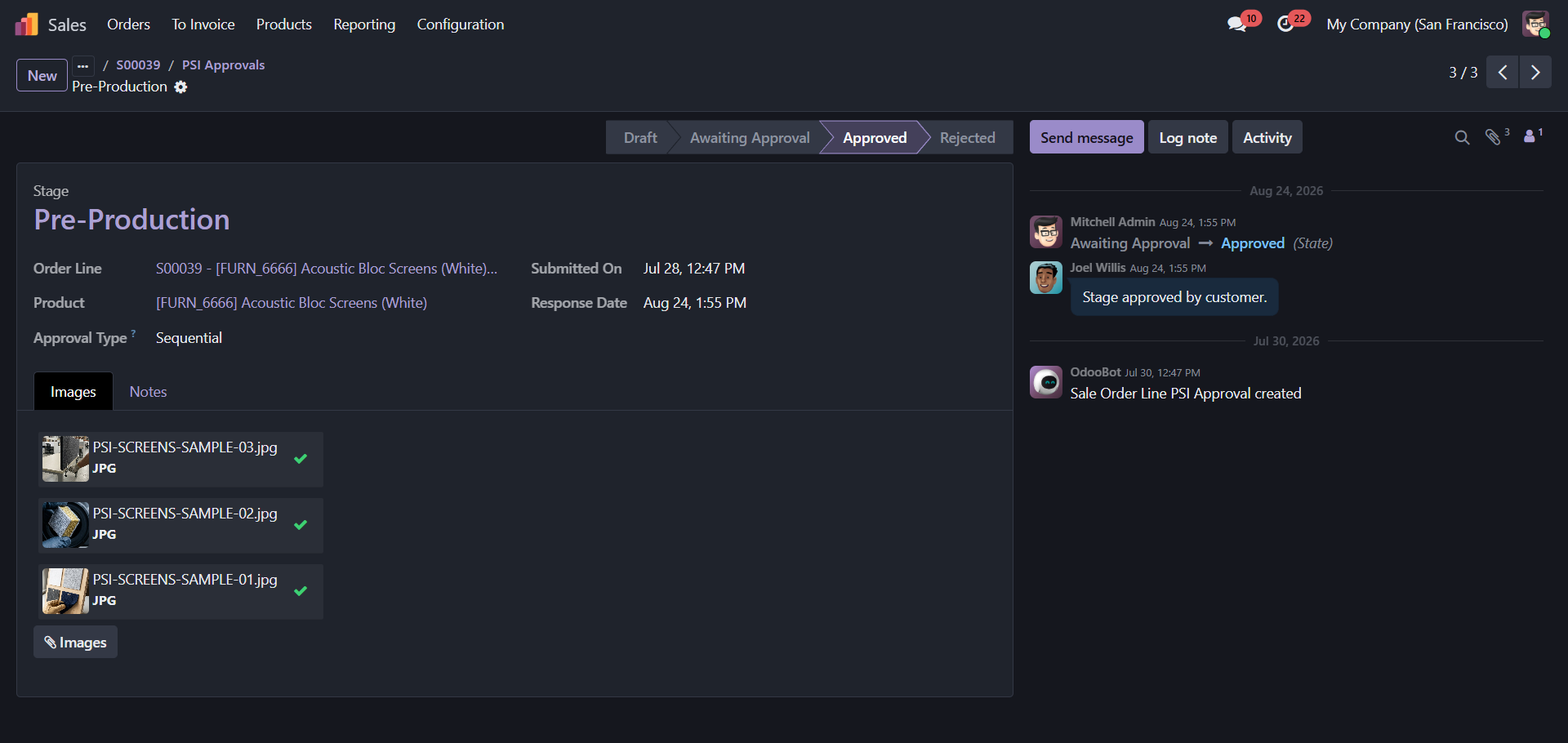 A single sample approval record in Odoo with its stage pipeline, attached sample images and message thread