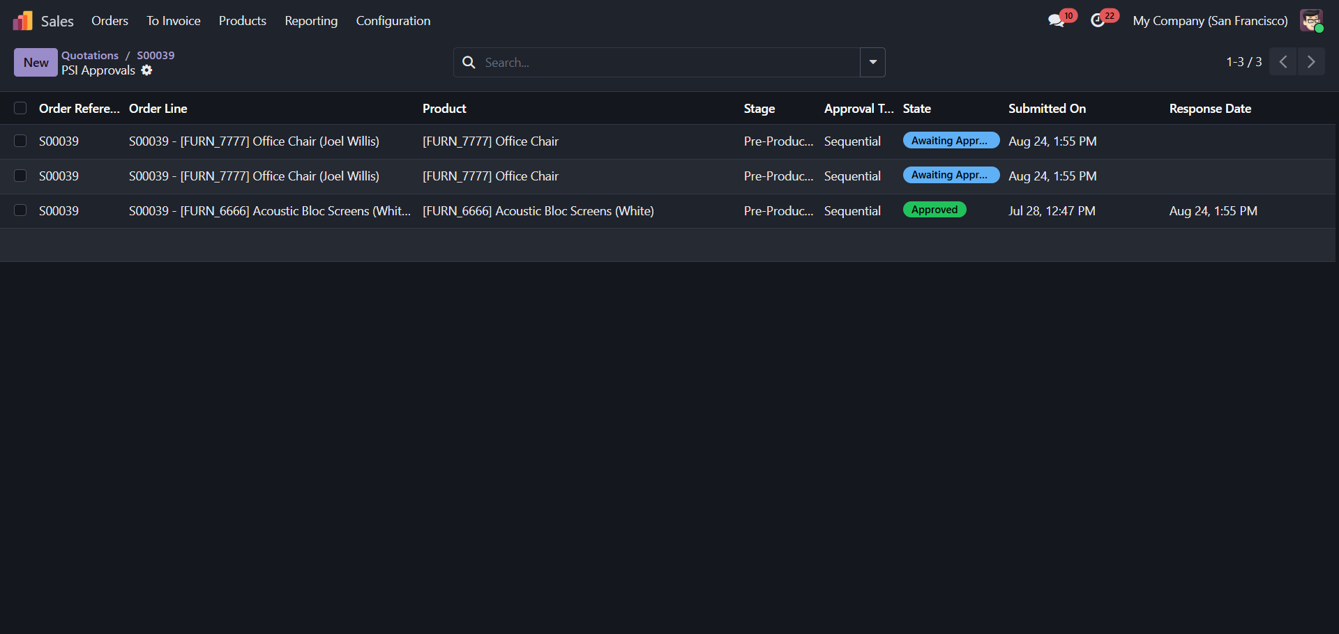 List of sample approvals on a sales order in Odoo, showing stage, approval type and state