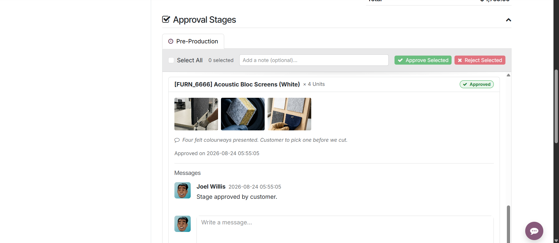 An approved stage in the customer portal with the approval timestamp and the customer's sign-off message