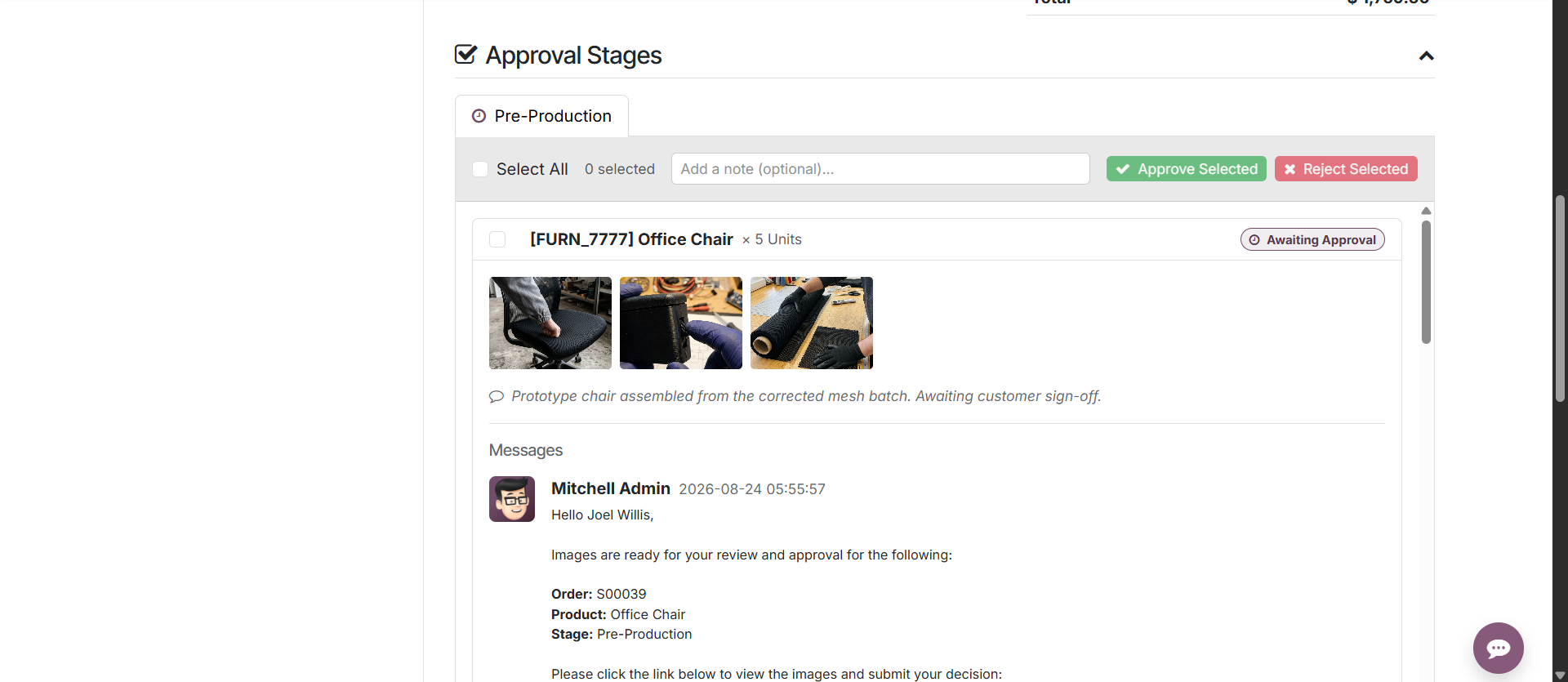 The customer portal showing a product awaiting approval with sample photos and an approve or reject action